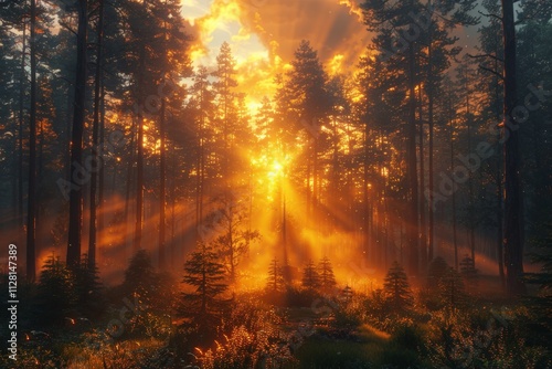 Majestic Sunrise in Serene Pine Forest with Golden Sunbeams Streaming Through Dense Trees and Lush Greenery, Creating Ethereal Atmosphere Sunrise