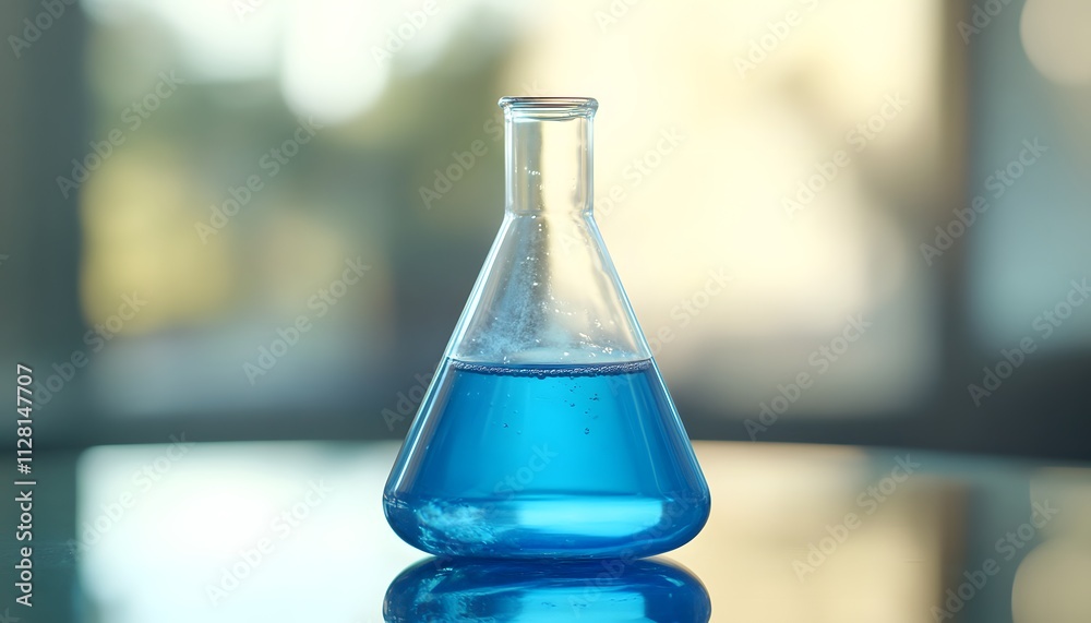 Blue liquid in a laboratory Erlenmeyer flask on a glass table with a blurred science background Blue liquid in a laboratory Erlenmeyer flask on a glass table with a blurred science background