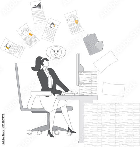 Busy working businesswoman, dealing with work and paperwork, isometric businesswoman sitting at a desk working hard to complete an overloaded workload