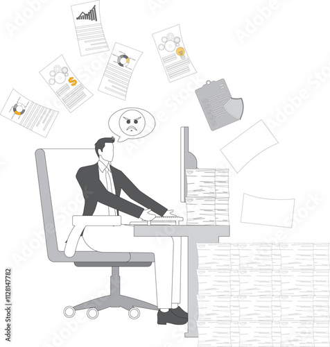 Busy working businessman, dealing with work and paperwork, isometric businessman sitting at a desk working hard to complete an overloaded workload