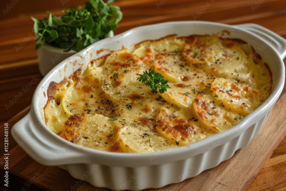 Creamy scalloped potatoes baked with cheese and herbs on wooden table Creamy scalloped potatoes baked with cheese and herbs on wooden table