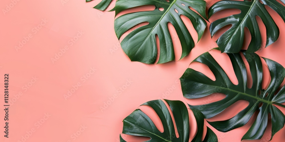 Fototapeta premium Tropical Leaves on Coral Background