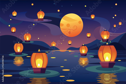 Lanterns floating in the night sky over water isolated vector illustration.