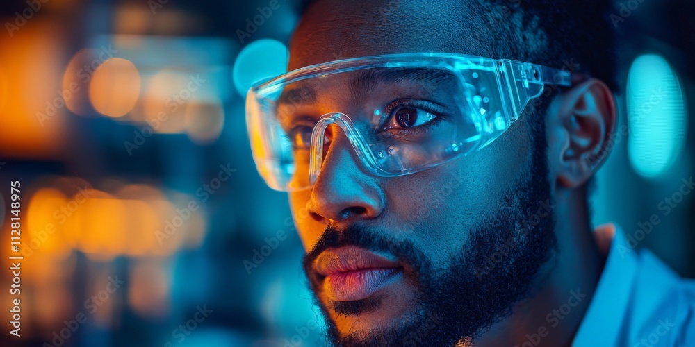 Focused Scientist in Safety Glasses Biomedical Research Tech Lab Focused Scientist in Safety Glasses Biomedical Research Tech Lab