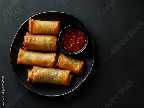 A plate of spring rolls served with a spicy dipping sauce.