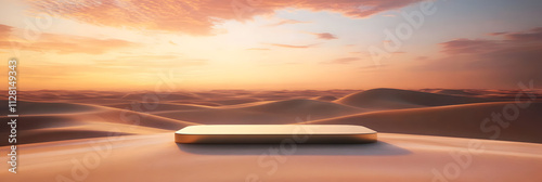 podium stand with a desert sand dune texture, set against a sunset backdrop