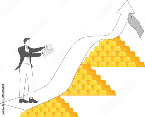 Price of gold nuggets, buying and selling of gold, increase in the price of gold, increase in the profit from gold, isometric merchant standing next to a pile of gold nuggets calculating the profit ga