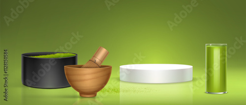 Traditional matcha tea setting with white podium, bamboo whisk, bowl with green powder and ready drink in glass. Realistic 3d platform with tools and equipment for preparing Japanese beverage.