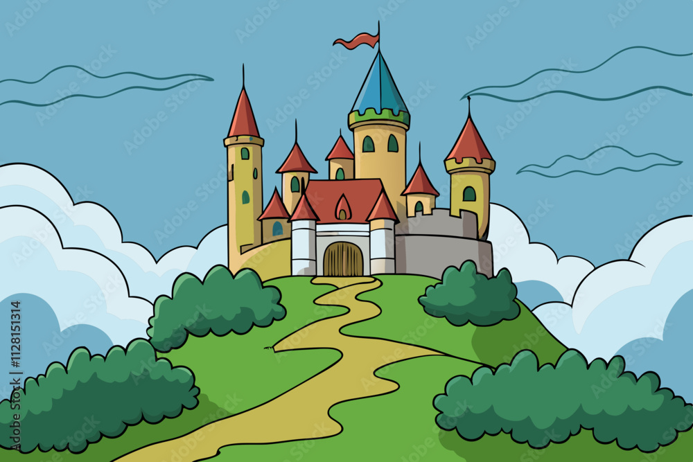 Naklejka premium Castle on a hill surrounded by fog isolated vector illustration