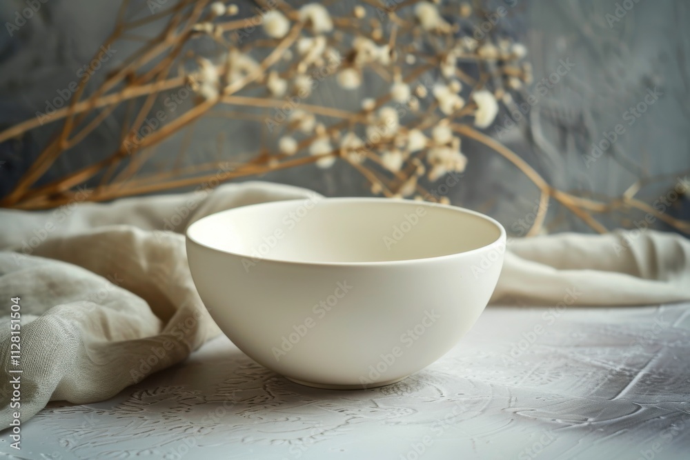 Simple white ceramic bowl on a textured surface with dried flowers in the background, captured in soft lighting Simple white ceramic bowl on a textured surface with dried flowers in the background, captured in soft lighting