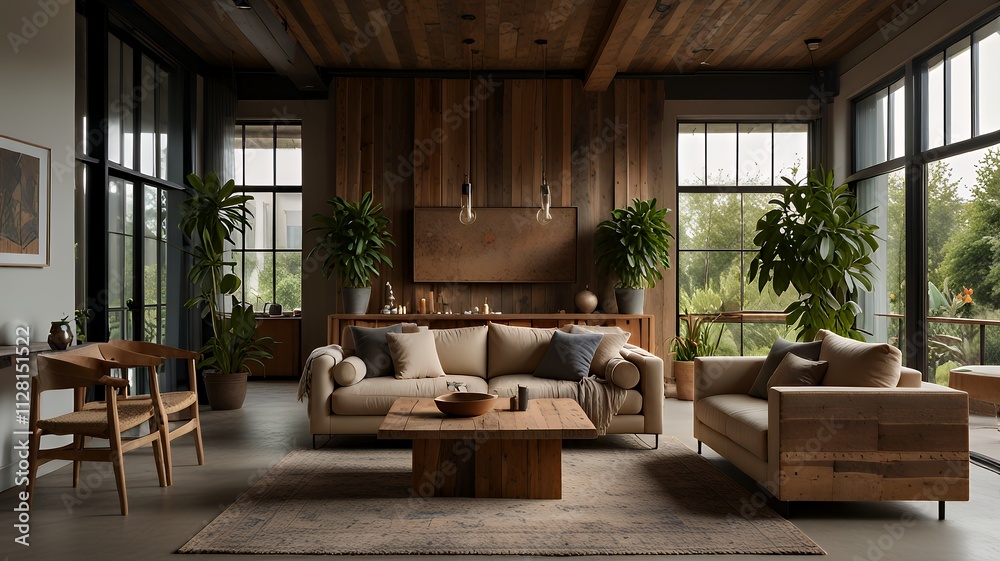 Cozy living room with dark wood walls, large windows, and a light beige couch. Plants and a coffee table are also visible Cozy living room with dark wood walls, large windows, and a light beige couch. Plants and a coffee table are also visible