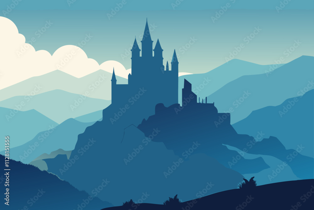 Fototapeta premium Castle on a hill surrounded by fog isolated vector illustration
