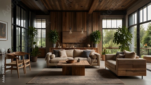 Cozy living room with dark wood walls  large windows  and a light beige couch. Plants and a coffee table are also visible