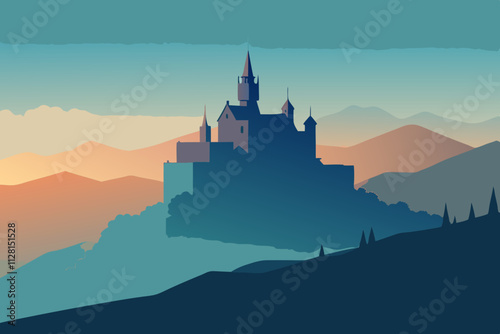 Castle on a hill surrounded by fog isolated vector illustration