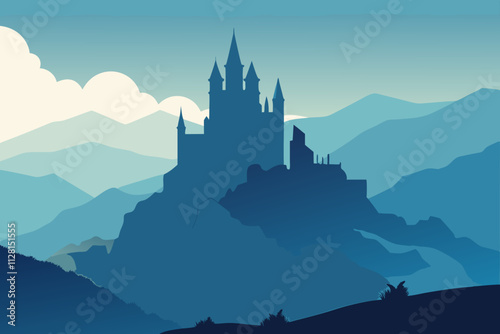 Castle on a hill surrounded by fog isolated vector illustration