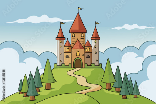 Castle on a hill surrounded by fog isolated vector illustration