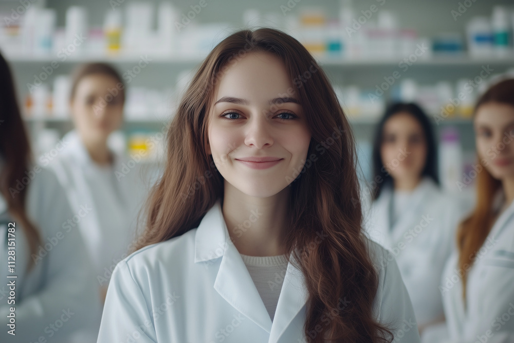 A female pharmacist in a pharmacy background A female pharmacist in a pharmacy background