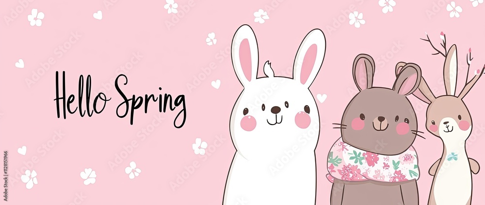 A cute cartoon bear, rabbit, and deer wearing spring with the text A cute cartoon bear, rabbit, and deer wearing spring with the text