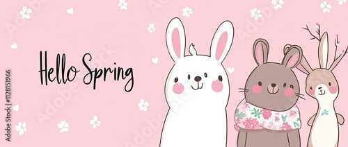 A cute cartoon bear, rabbit, and deer wearing spring with the text "Hello Spring" on a pink background.