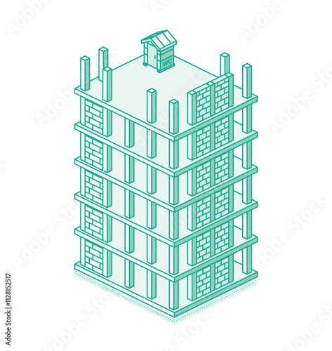 Construction site with skyscraper. Process of building multi-storey building. Industrial technology. Outline style. Isometric monolithic frame building and tower crane.