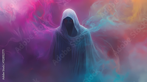 Wallpaper Mural A digital illustration of a ghostly figure in a hooded robe with colorful smoke swirling around it. Phantom. Illustration Torontodigital.ca