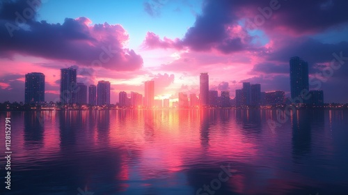 Vibrant sunset over a city skyline reflected in calm water.