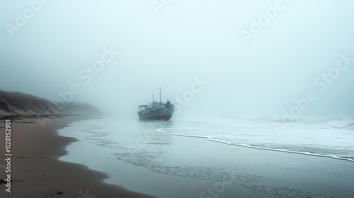A fog-draped beach where phantom ships vanish into the misty horizon. Phantom. Illustration