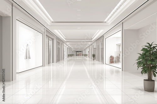 Modern minimalist shopping mall corridor with elegant white floors