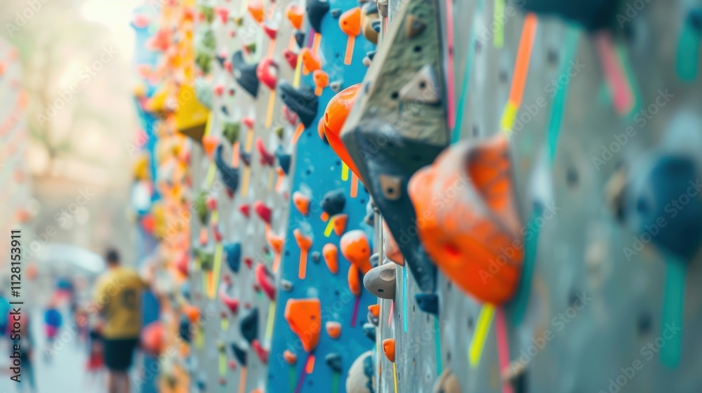 Fototapeta premium Vague shapes of climbers conquering various routes on a diffused background of climbing holds