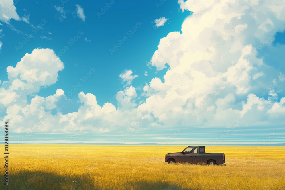 Naklejka premium Truck parked in vast field under beautiful clouded sky.