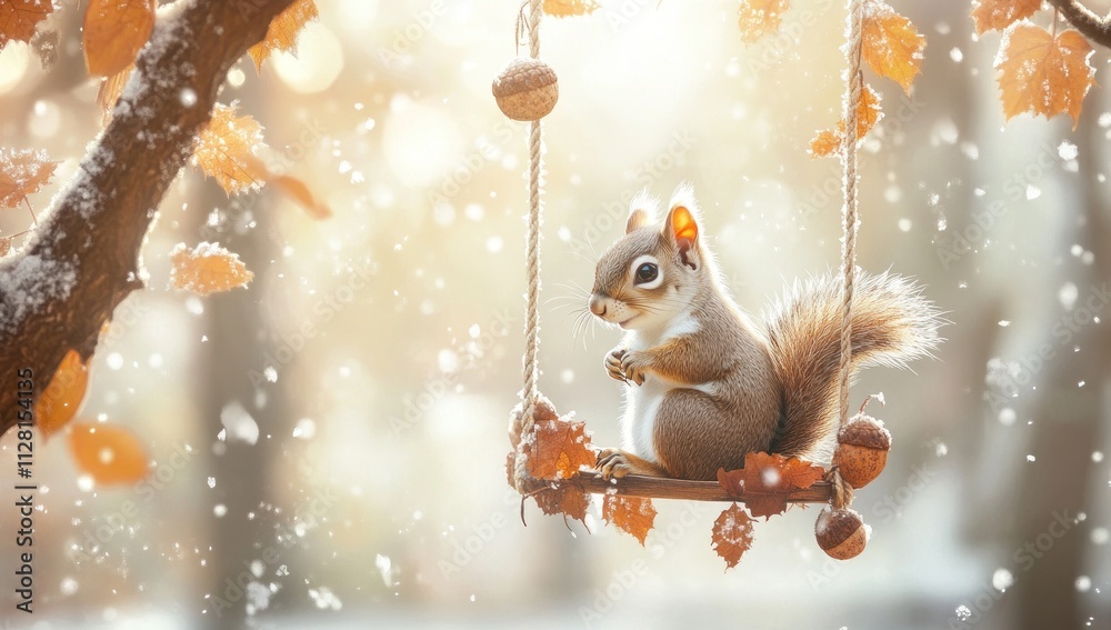 Obraz premium Cute red squirrel on a miniature swing in snowy autumn.