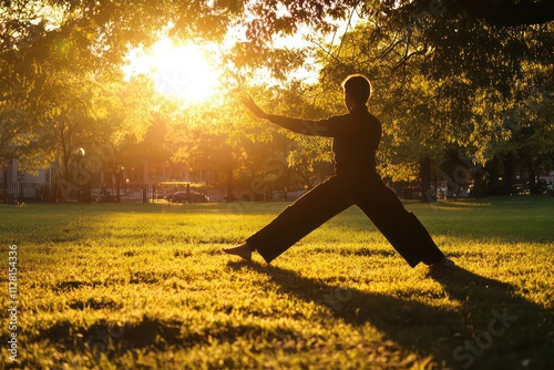A person practicing tai chi in a park at sunset, with flowing movements that emphasize balance and tranquility in the body and mind.