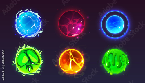 Glowing magical orbs in various colors - blue, red, green, and yellow, with unique textures and patterns. Vibrant mystical balls for fantasy game ui design elements. Spheres with neon light effect.