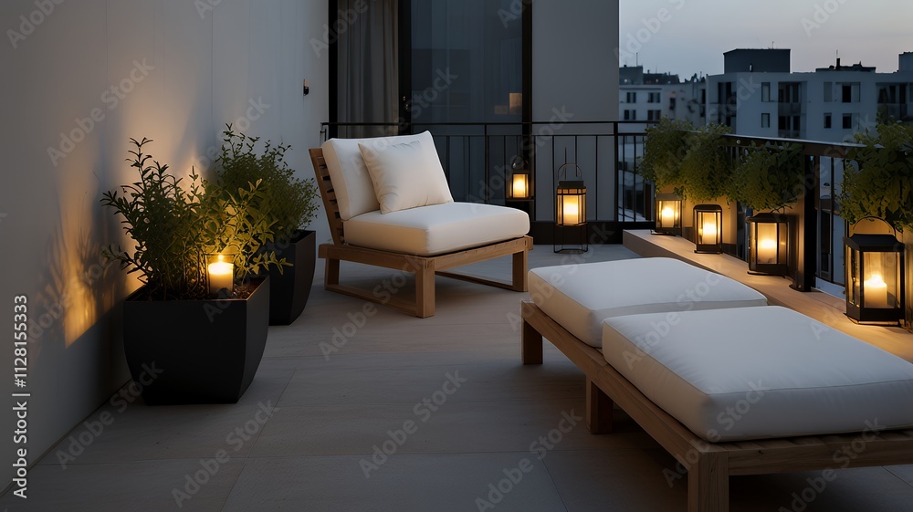 Balcony with light-colored furniture, planters, and lanterns. Plants are visible Balcony with light-colored furniture, planters, and lanterns. Plants are visible