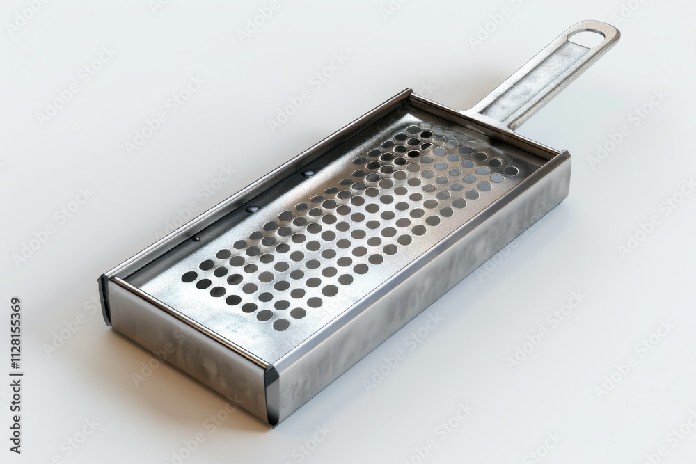 Stainless steel flat grater on a plain background with a sleek design showcasing its sharp holes