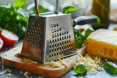 Grater on a wooden board with cheese and fresh basil in a kitchen setting