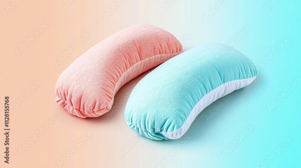 Duo of travel pillows in contrasting colors, set against a neutral gradient background, versatile travel companions concept