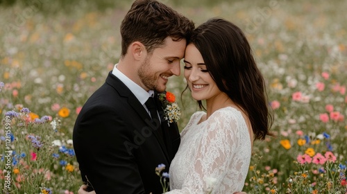 Affectionate Couple Embracing in Vibrant Wildflower Meadow Celebrating Their Loving Relationship Amidst Nature s Enchanting Backdrop photo