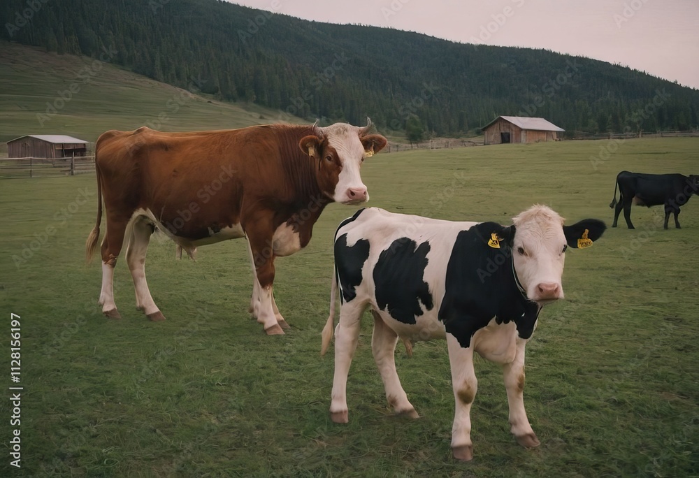 Cows in a grassy field with mountains in the background Cows in a grassy field with mountains in the background