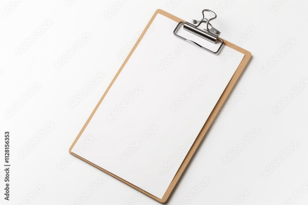 Blank clipboard resting on a white surface, ideal for notes and drawings, captured in a bright office setting Blank clipboard resting on a white surface, ideal for notes and drawings, captured in a bright office setting