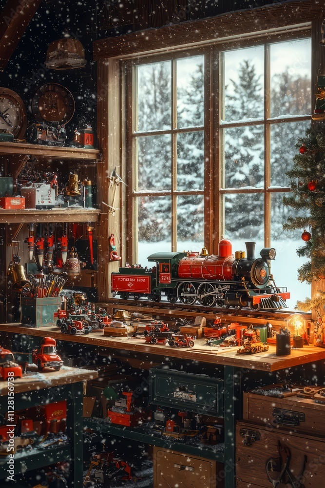 Santa’s workshop with a toy train being assembled on a workbench. The background features snow falling outside the window, Generative AI Santa’s workshop with a toy train being assembled on a workbench. The background features snow falling outside the window, Generative AI