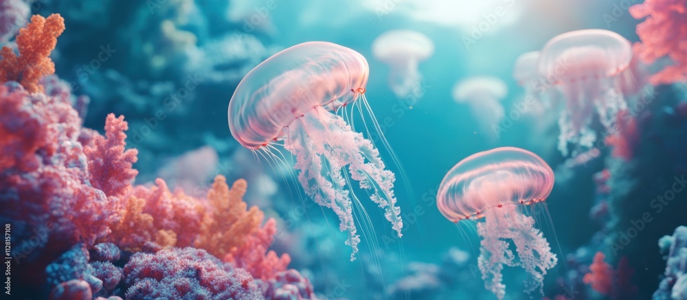 Naklejka premium Pink jellyfish swim gracefully near vibrant coral reef in a serene underwater scene.
