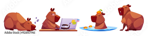 Cute capybara character set showing daily activities - sleeping, working on laptop with coffee, swimming in water with oranges, sitting. Brown chubby rodents with expressive muzzles of different moods