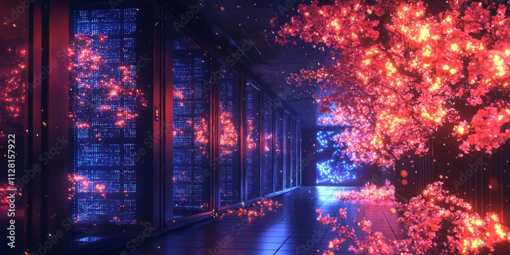 Naklejka premium Futuristic Server Room with Glowing Sakura Blossoms