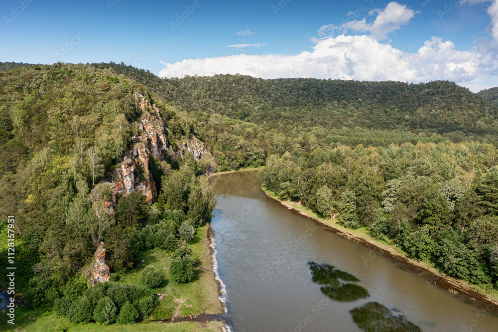 The Southern Urals, the Zilim River In the mountain gorge. Aerial view. The Southern Urals, the Zilim River In the mountain gorge. Aerial view.