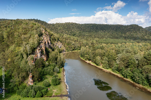 The Southern Urals, the Zilim River In the mountain gorge. Aerial view. photo