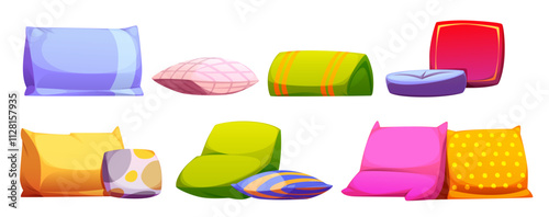 Colorful cartoon cushion collection with different patterns. Cozy home decor elements for bedroom or sofa arrangement - rectangular, square and round. Pillow for comfort sleep and fabric decoration.