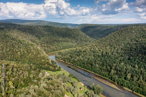 The Southern Urals, the Zilim River In the mountain gorge. Aerial view. photo