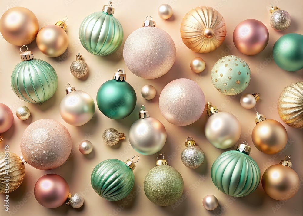 Soft pastel Christmas ornaments create sophisticated holiday charm against a beige backdrop. Soft pastel Christmas ornaments create sophisticated holiday charm against a beige backdrop.