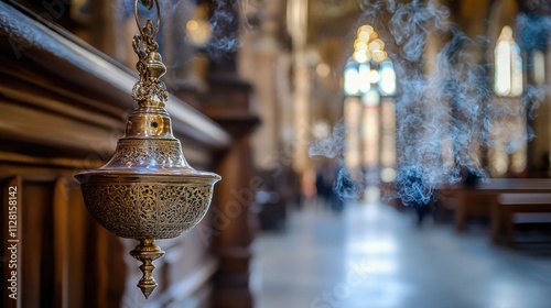 Incense burner, church censer used in religious ceremonies, releasing fragrant smoke to enhance spiritual ambiance, prayers rising towards divine, sacred atmosphere during worship.